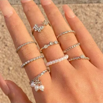 9 pcs Faux Pearl & Butterfly Decor Finger Ring Set 